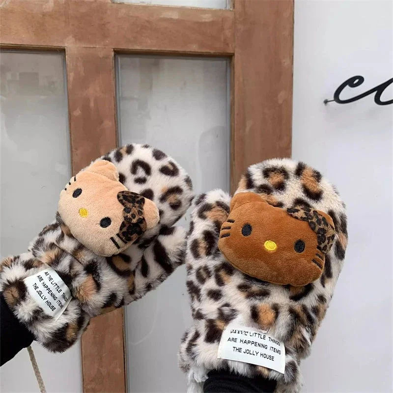 Hello Kitty cartoon high-value gloves for winter outdoor travel, convenient hanging neck cold-proof and warm full-finger gloves