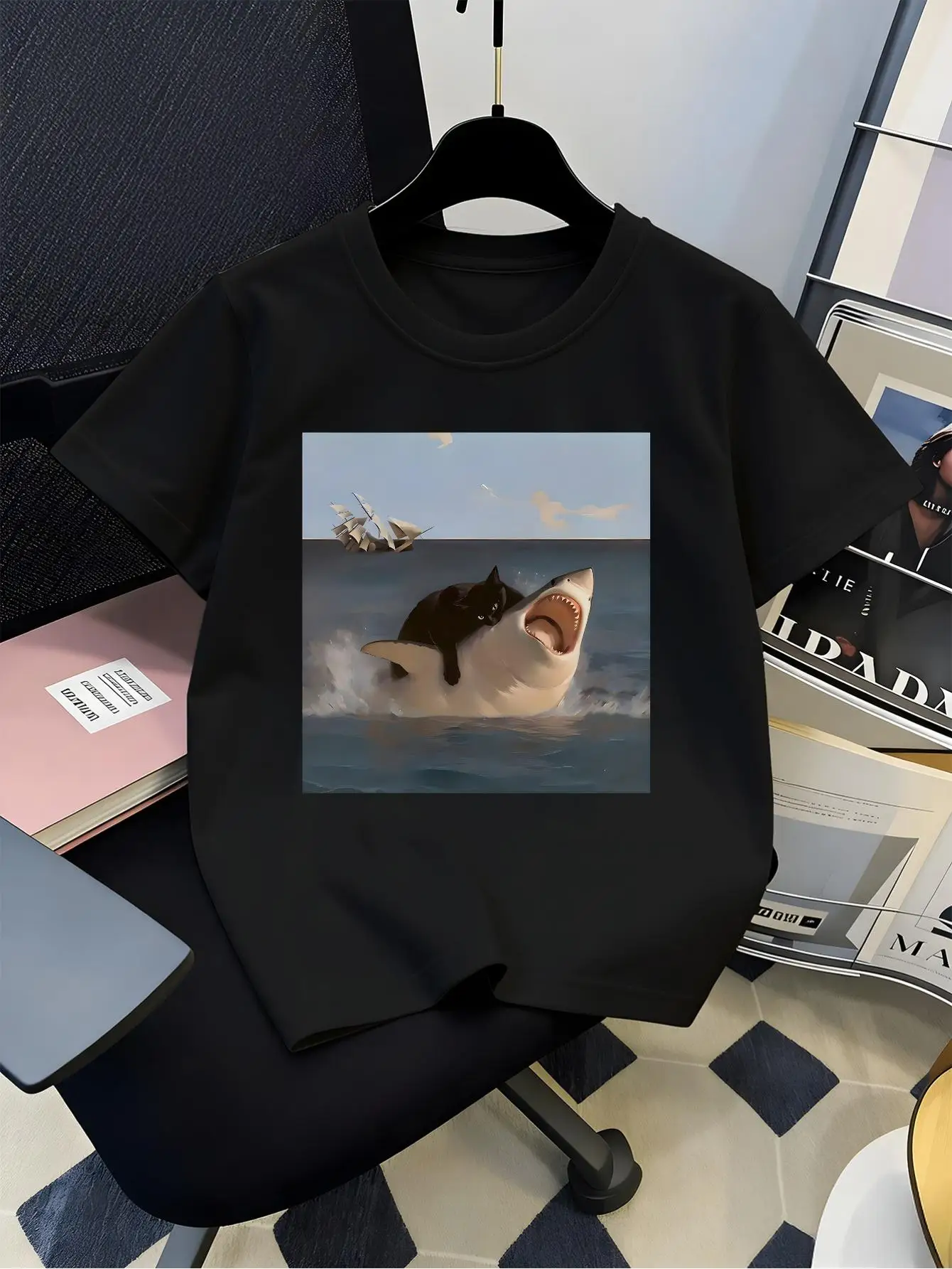 Kids Boys Girls T Shirt Funny Black Cat Riding Shark Ocean Print Short Sleeve Tee Family Summer Holiday Parent Child Casual Tops