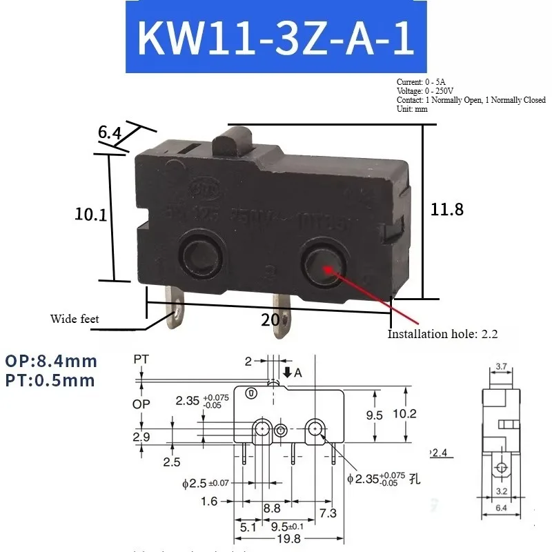 10PCS KW11 Micro Switch 2/3Pin NO/NC Mini Limit Switch Mechanical Travel 5A 250VAC Roller Arc Lever Snap Action Push Switches