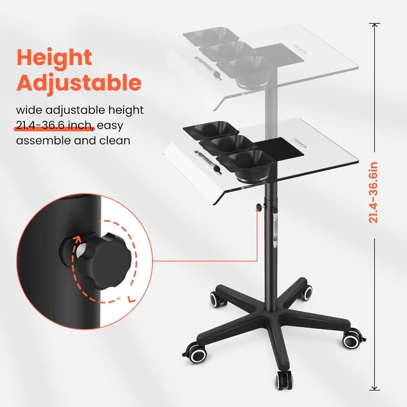 Ultimate Remarkable Color Station Salon Tray on Wheels,Tray Cart with 3 Bowls, Adjustable Salon Service Rolling Tray