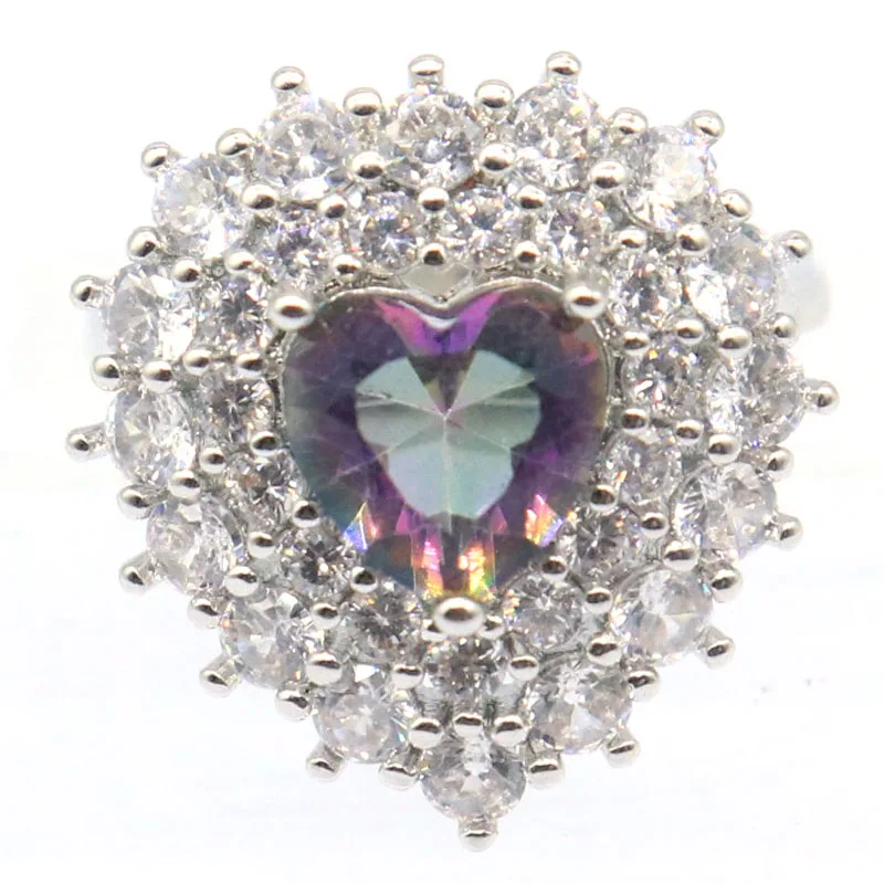 Buy 4 Get 1 Free 19x19mm Jzaza Heart Shape Fire Rainbow Mystic Topaz Pink Kunzite CZ Women Silver Rings