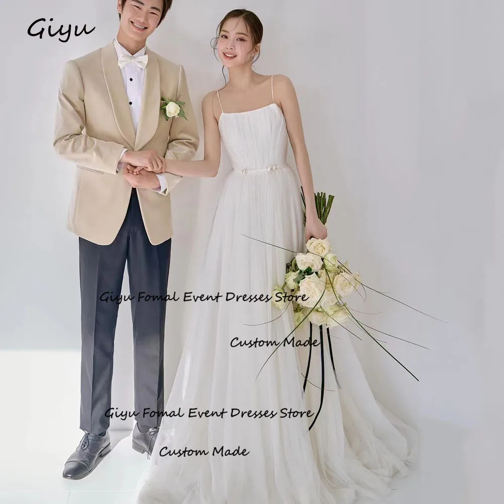 

Giyu Simple Pearls Korea Wedding Dress Photoshoot Spaghetti Strap Floor-Length Draped Vestidos Novias Boda Bridal Gown