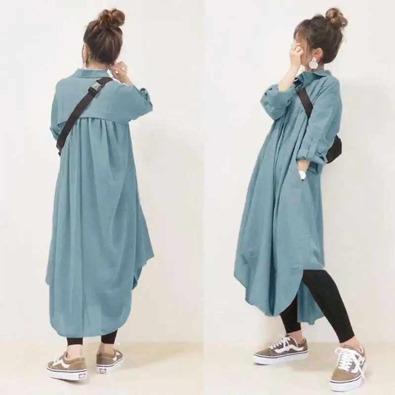 فستان قميص فضفاض بأكمام طويلة من القطن والكتان، ياقة مطوية، جيب جانبي، نمط كاجوال، طول متوسط، تصميم خط A