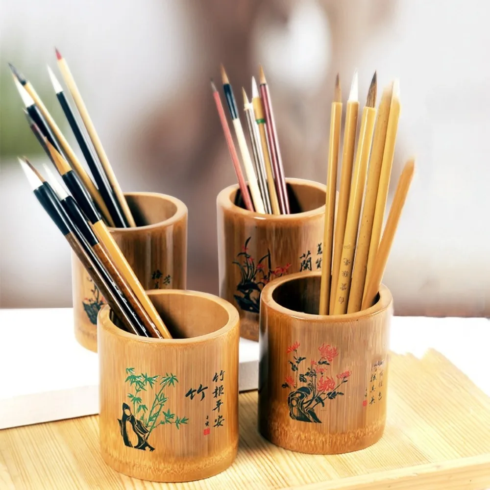 Durable Multifunctional Desktop Storage Box Chinese Style Cylindrical Pen Holder Plum Blossom Bamboo Pencil Box Stationery