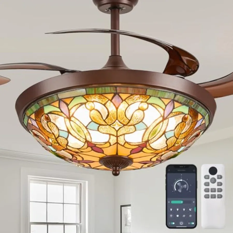 

Ceiling Fans with Lights - 48" Retractable Ceiling Fan with Remote, App Control, 6 Speeds Reversible, LED Dimmable, Quiet Fande
