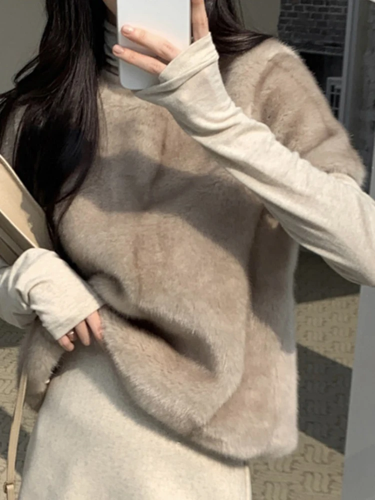 Korea Chic Solid Simple Faux Fur Short Sleeve Pullover Tops Casual Loose High Quality Plush Women Clothes Autumn  X463