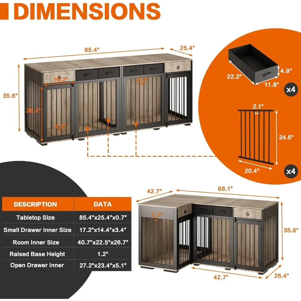 Dog Crate, Wooden Combined Dog Crates Kennel with Fabric Drawers&Removable Divider,Dog Crate Can Use Separately