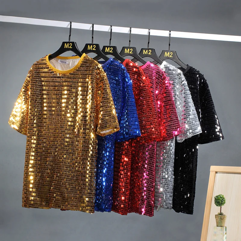 Men Women Sequin T-shirt Stage Fashion Show Hip Hop Loose Casual Short Sleeve Tee Shirts Dance Clothing Couple Tshirts