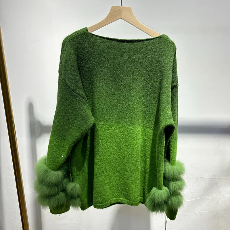 2025 frauen Herbst Echtpelz Gestrickte Pullover Natürliche Fuchs Pelz Mädchen Frühling Bunte Pullover Mantel