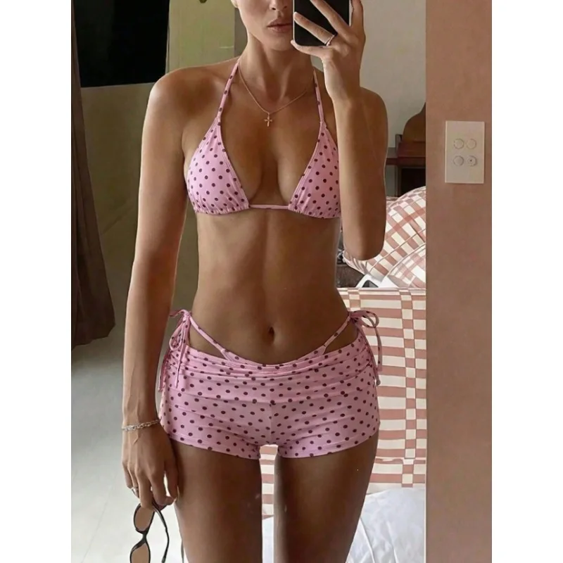 Women's polka dot 3-piece bikini camisole triangle top hollow shorts summer beach swimming pool vacation swimsuit swimsuit