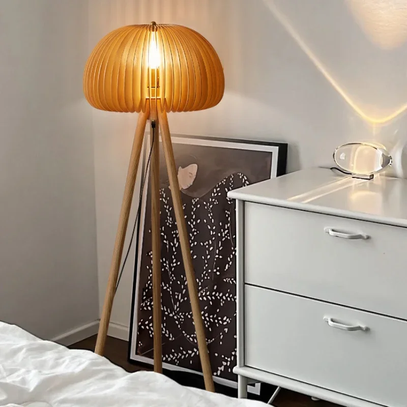

SANDYHA Retro Wooden Pumpkin Shaped Japanese Floor Lamp LED Lighting for Living Room Bedroom Study Unique Home Decor