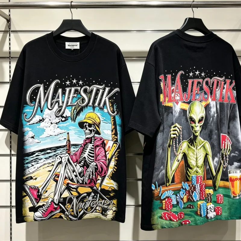 Seaside Beach Vacation Drinking Skeleton MAJESTIK Tshirts Summer Retro Pattern Rhinestone Letter Short Sleeve Men Women Outfit