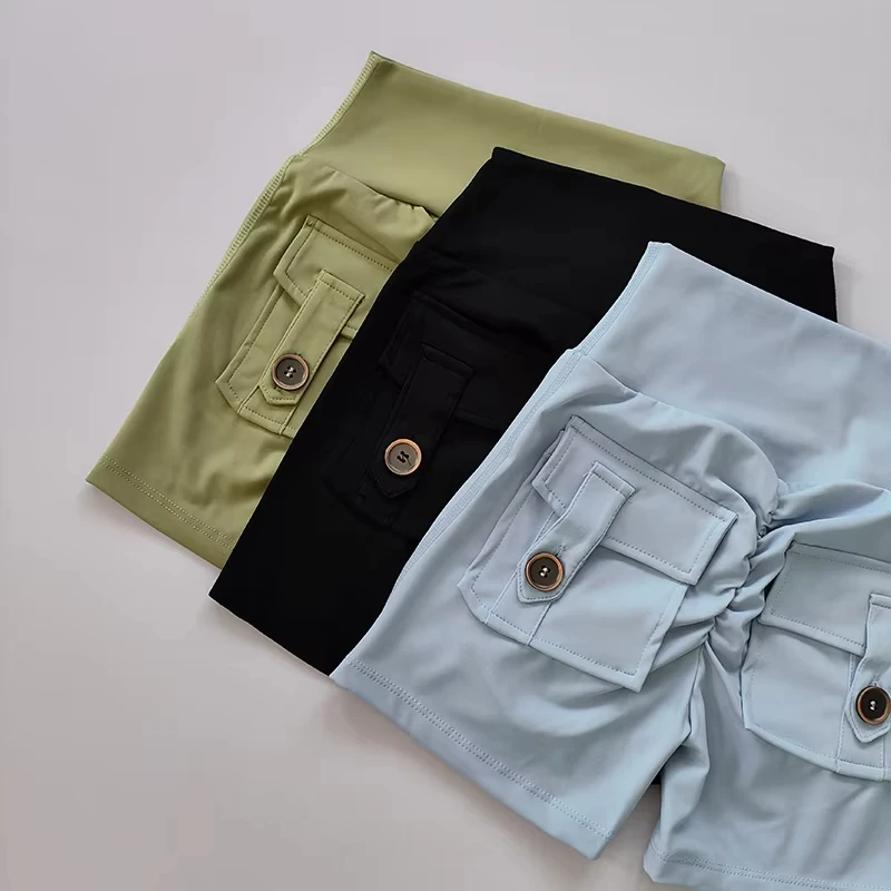 Pantaloncini fitness senza cuciture color pesca a vita alta nudi con tasche Pantaloni sportivi attillati da donna per corsa, allenamento, danza, sollevamento dell'anca