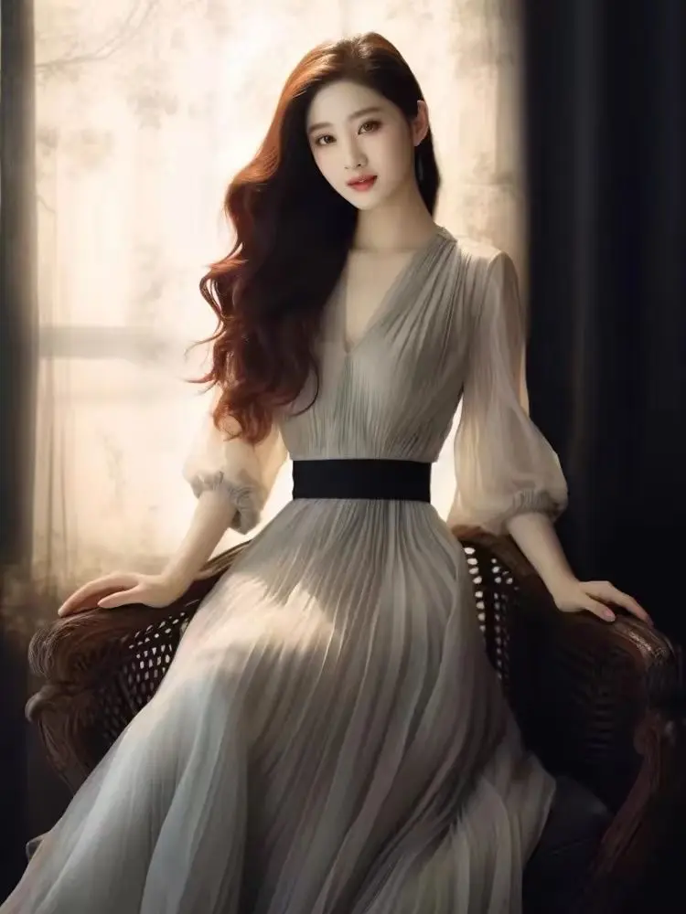 Damen Langarm Chiffon Satin Kleider Party Seide Abschluss ball weibliches Kleid Abend Maxi Kleidung einteilige elastische Vintage Designer