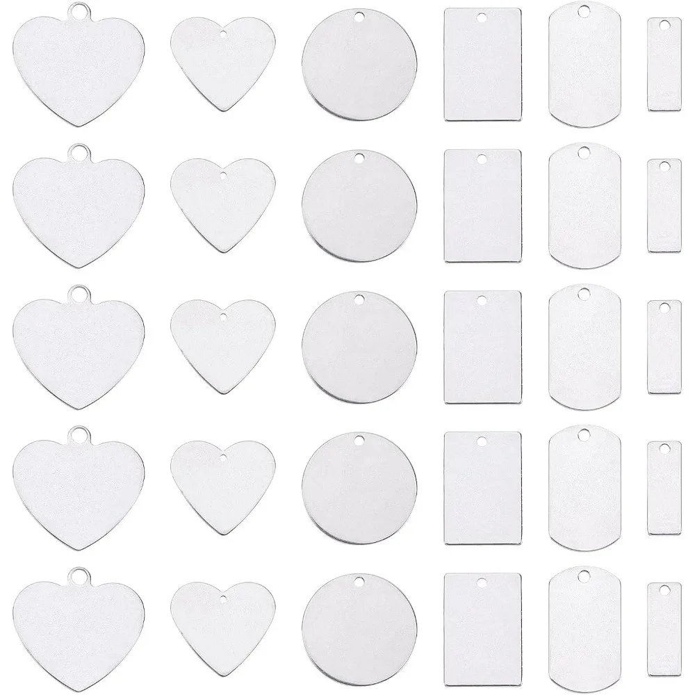 36pcs 6 Styles Stainless Steel Charms Stamping Blank Tag Pendants Rectangle/Heart/Flat Round/Mixed Shape Pendants making kit