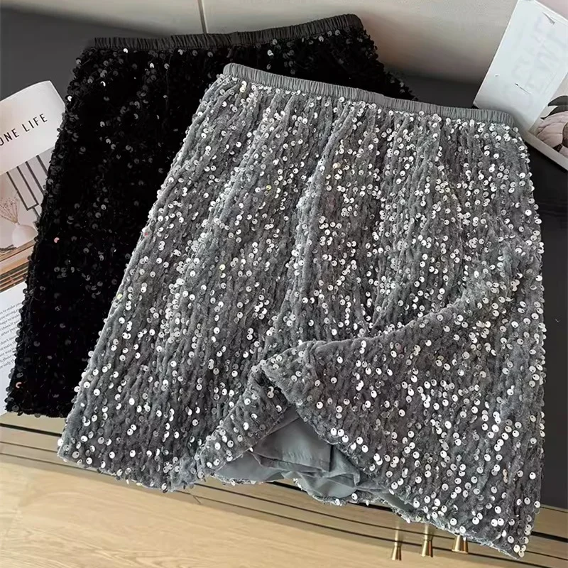 

Spring Autumn Fashion Sexy Club Sequined Skirt Women Elastic High Waist Velvet Skirt Lady A Line Bodycon Short Mini Skirts Saia