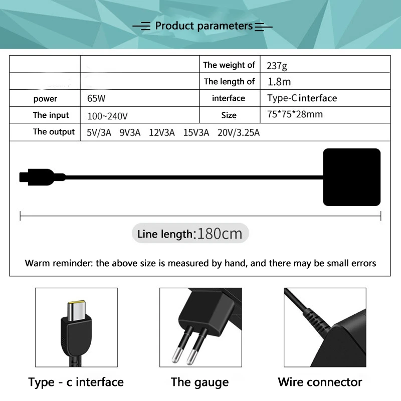 Adattatore di alimentazione 65W 20V/3.25A adattatore di alimentazione quadrato di tipo C da 1.8M per Lenovo R480, E480, E580, X280, X390 T480 T490 (spina ue)