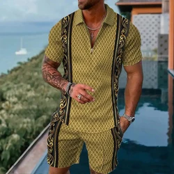 Vintage lässig gestreiftes 3D-Print Polo-Shirt 2 stücke Set Reiß verschluss Revers Polo-Sets Reiß verschluss Kragen Shorts Hawaii Urlaub Stil Mann Kleidung