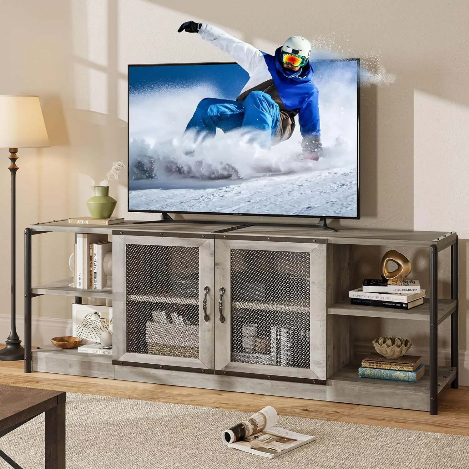 

TV Stand for 75/80 inches TVs, Entertainment Center with Storage Cabinet and Mesh Doors, Industrial Media Console Cabinet Table