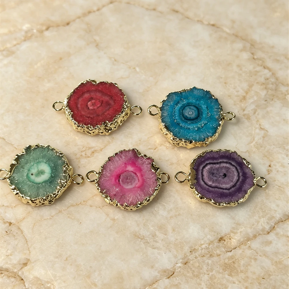 Bright Raw Solar Druzy Slice Link Charms Golden Plated Natural Semi Precious Stone for DIY Necklace Bracelet Making P2D1027