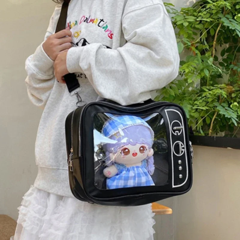 تصميم تلفزيوني شعبي جديد Ulzzang Ita حقيبة لطيف فتاة حقيبة كتف جيب شفاف تصميم التلفزيون على ظهره الاتجاه حقيبة كروسبودي