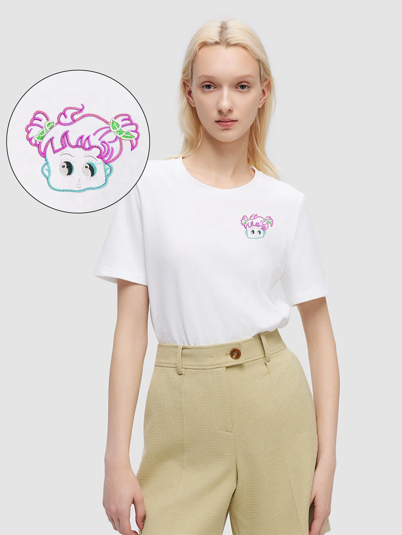 

Vintage Men & Women Cute Girl Head Embroidered T-Shirt – Soft Cotton T-Shirts with Luxury Embroidery for Street Style