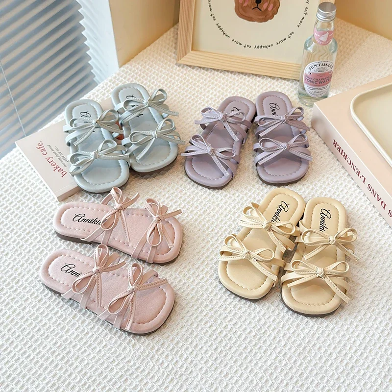 

Girl's Slippers Narrow Bowtie Candy Color Charming Summer Kids Sliders Sweet Square Toe All-match Childern Shoes 23-34