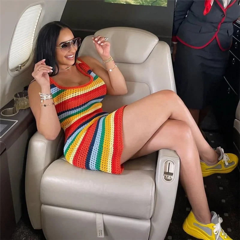 Mulheres painéis listrado malha oco para fora mini vestido casual tanque sem mangas bodycon menina quente streetwear outfit