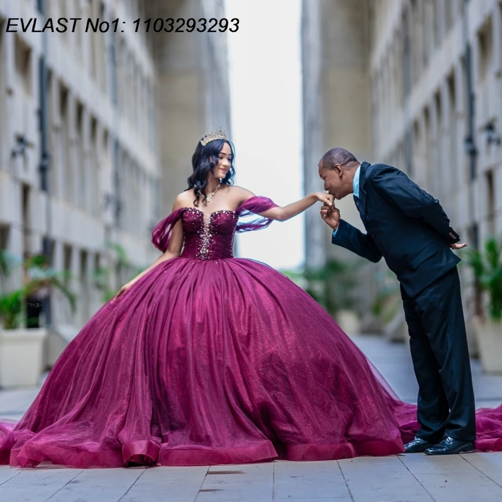 

EVLAST Customized Dark Pink Ball Gown Quinceanera Dress Applique Crystal Beading Corset Bow Sweet 16 Vestidos De 15 Anos E1QN99