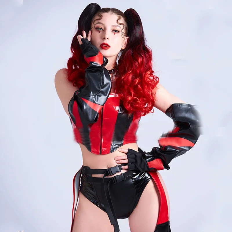 Zwart Rood Lakleer Splicing Pak Pole Hollow Broek Nachtclub Dj Ds Party Rave Outfit Vrouwen Gogo Dans Kostuums XS6031