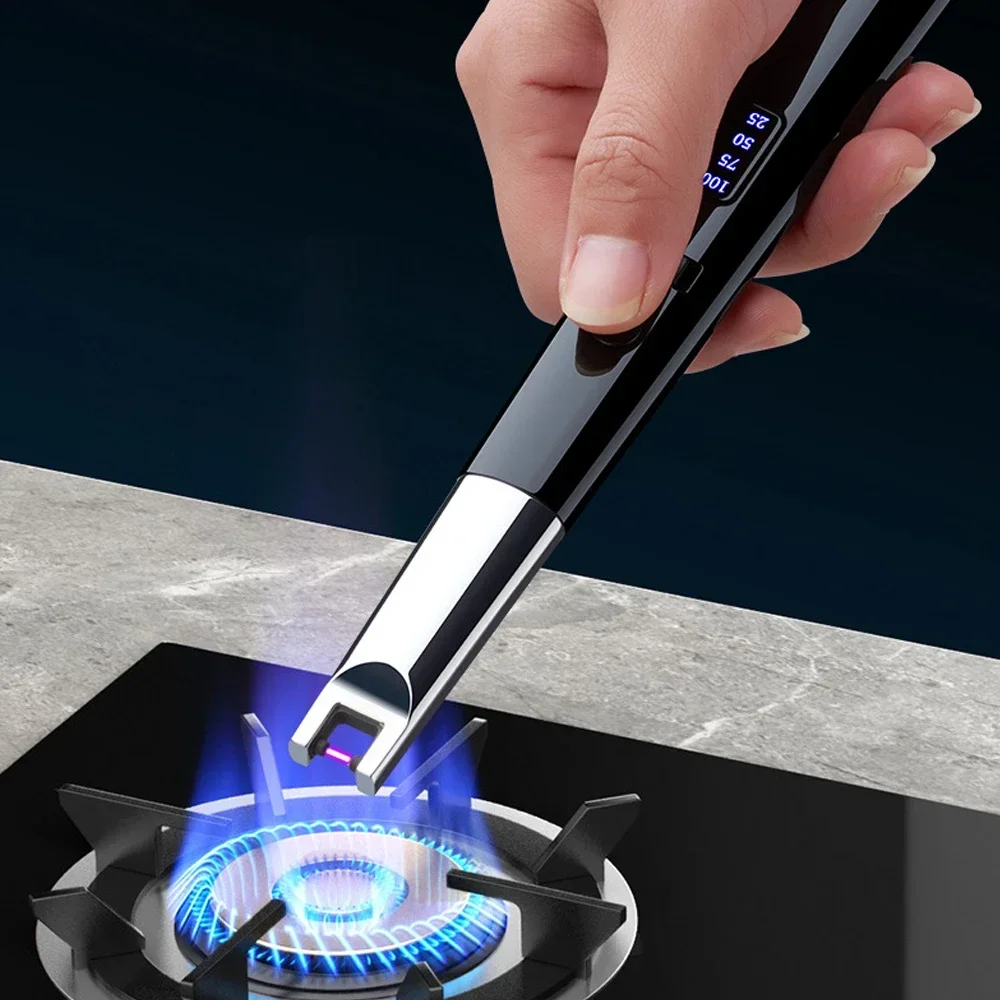 New Electric Arc BBQ Lighter USB Windproof Flameless Plasma Ignition Long Kitchen Lighter Power Display Candle Gas Stove Lighter