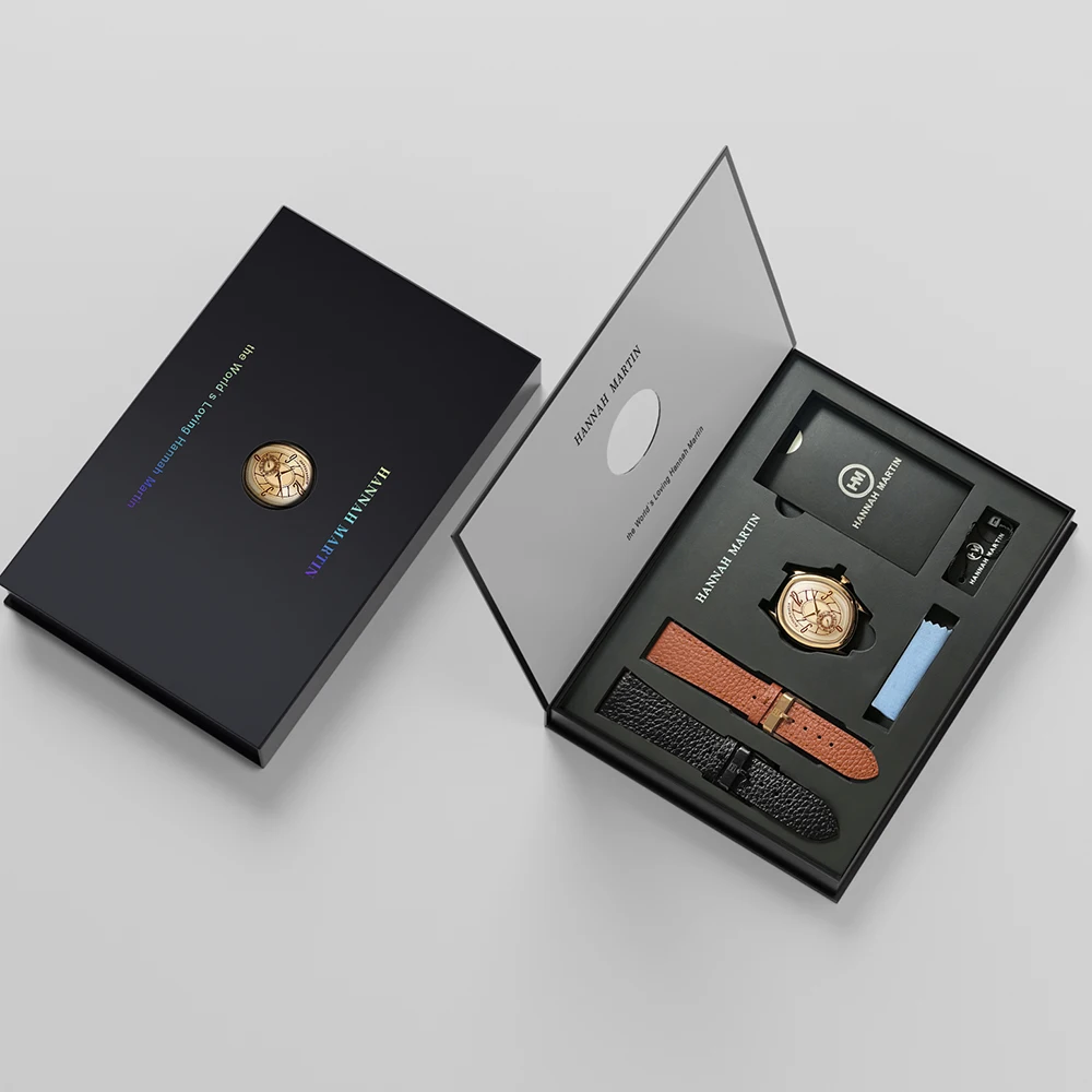 HANNAH MARTIN High-end Man Watch Creative Leather Atmospheric Noble Gift Box Set Gold Dreamy Geometric Case  Watch Men Clock