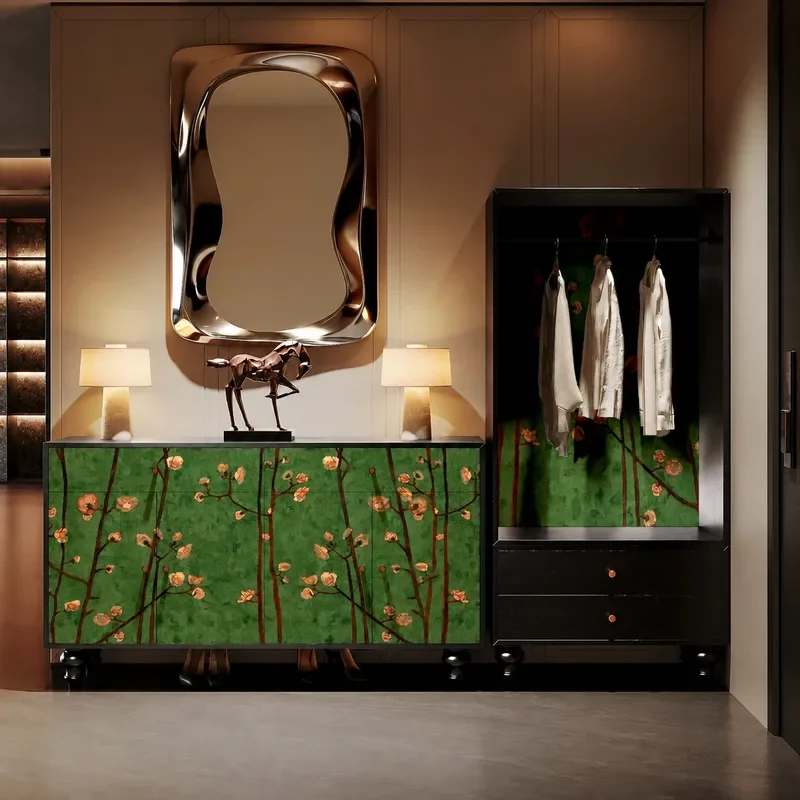 Modern Dark Green Plum Blossom Branch Pattern Solid Wood Shoe Cabinet Entryway Storage Wardrobe with Decorative Shelf for
