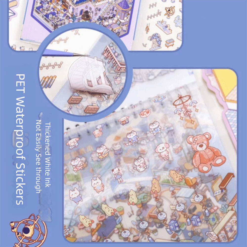Kawaii pet coleção de cena em miniatura empilhamento visual adesivos de cena de desenho animado 3d super grande livro de adesivos de paisagem