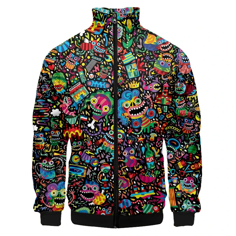 Bunte Monster Graffiti Kunst Männer plus Größe 3d Jacke Sportswear Frühling Stehkragen Reiß verschluss Pullover Baseball jacke Herren