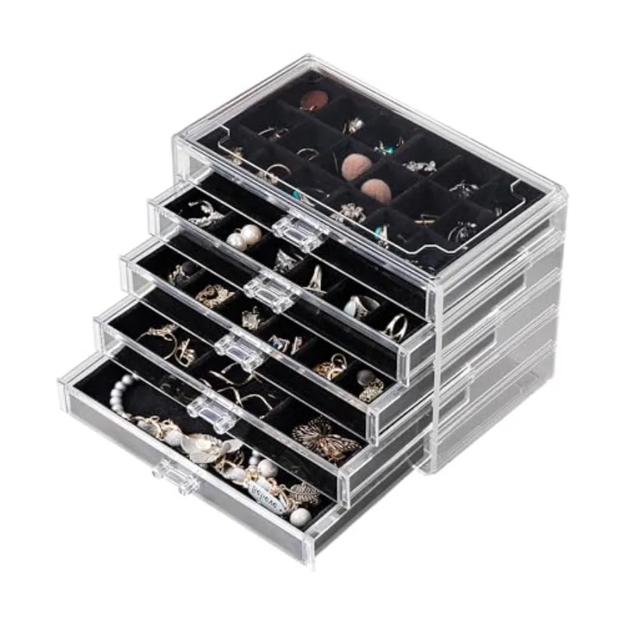 Acrylic Jewelry Organizer Earring Organizer Box with 5 Drawers Earring Holder Organizer with Velvet Trays Clear Jewelry Box for