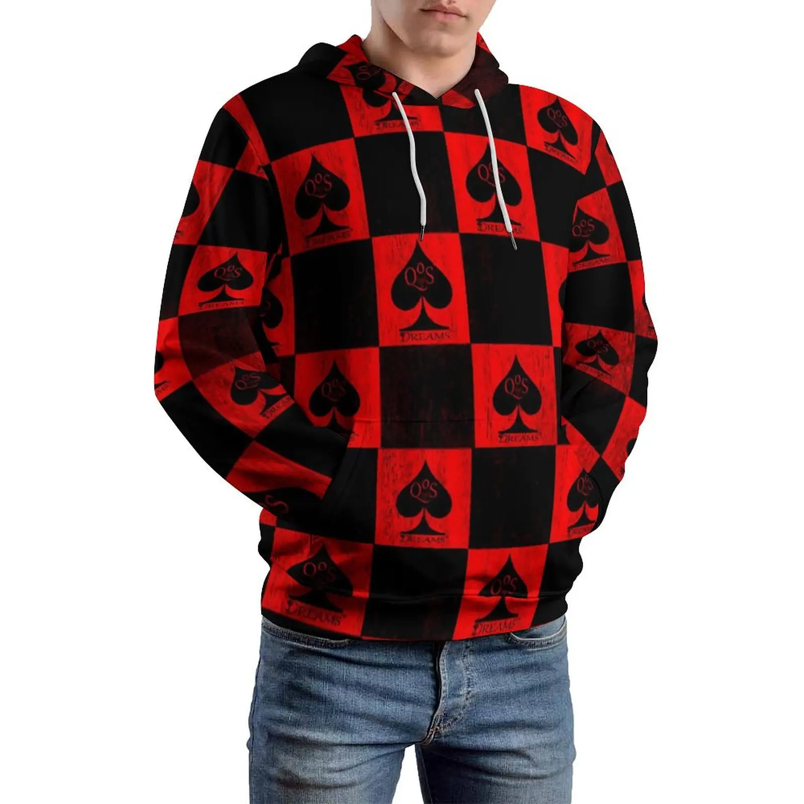 Queen of Spades Casual Hoodies Male Red Checkers Elegant Graphic Sweatshirts Winter Long-Sleeve Classic Oversized Hoodie