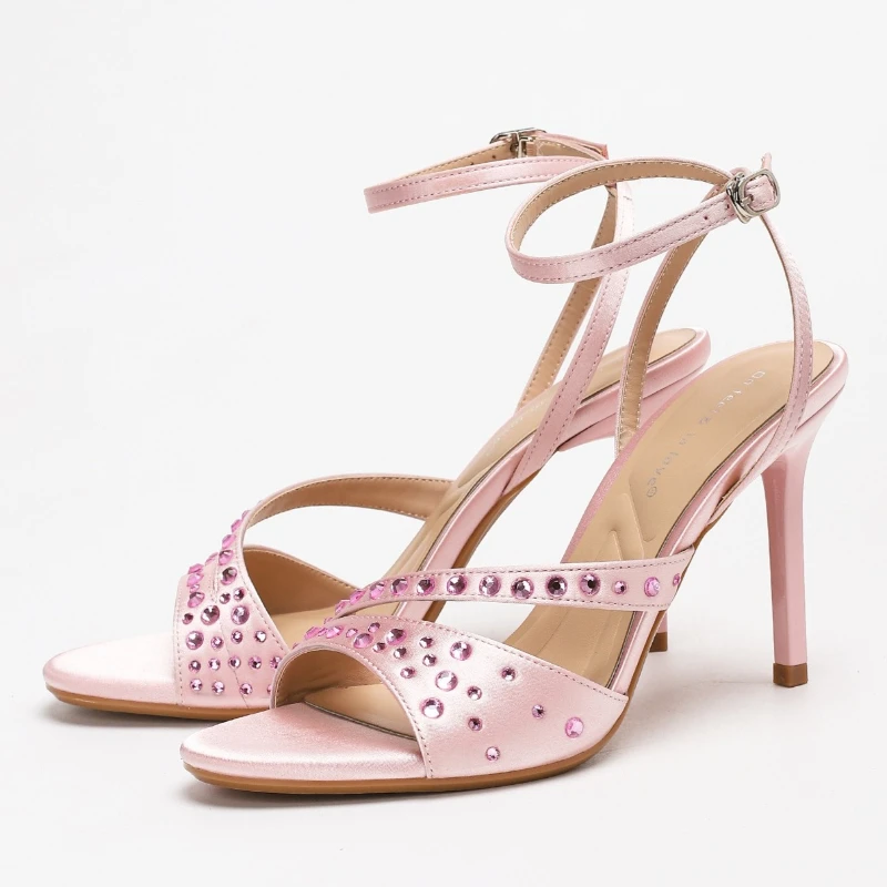 

Shiny Rhinestone Heeled Sandals Woman High Quality Designer Luxury Ankle Strap Buckle Pumps Sexy Peep Toe Party Dress Shoes