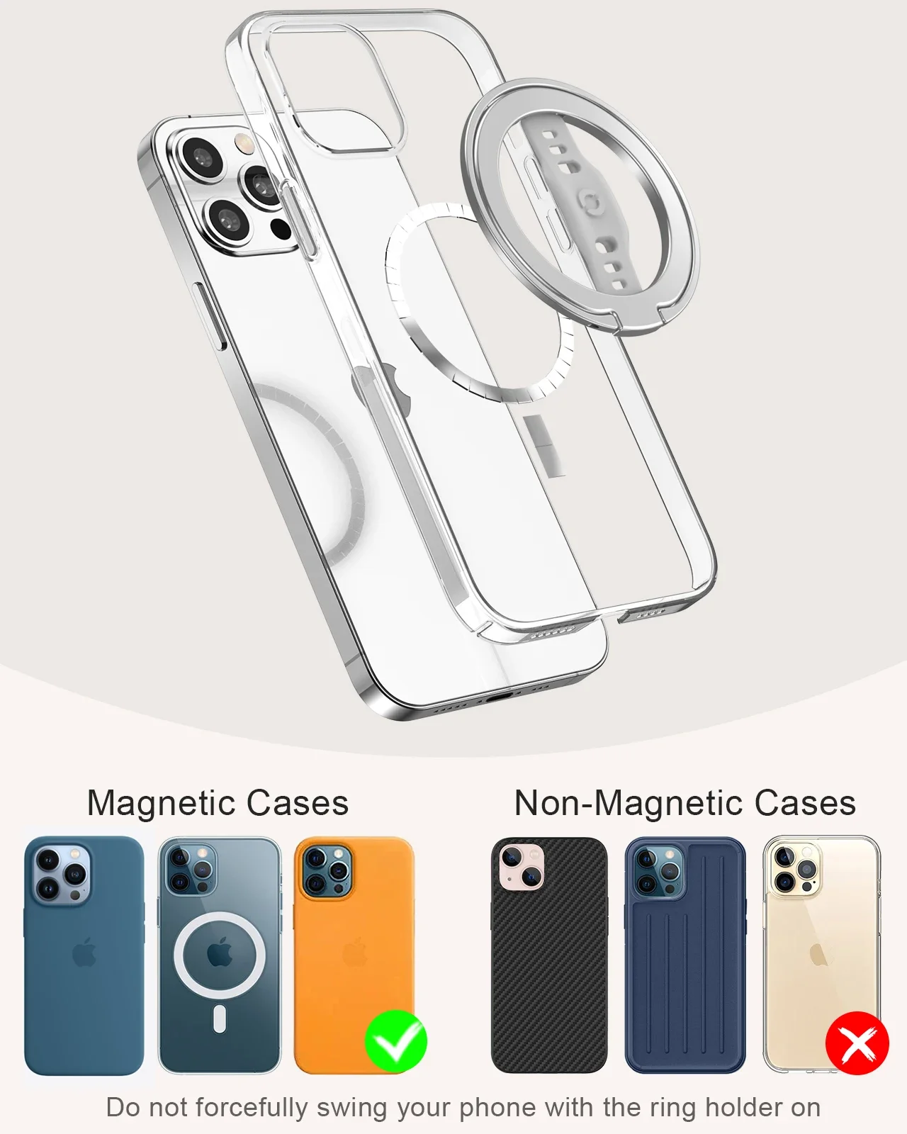 EWA Agarre y soporte magnético para teléfono con correa de silicona para el dedo para soporte de anillo Magsafe solo para iPhone 13 12 Pro/Pro Max/Mini