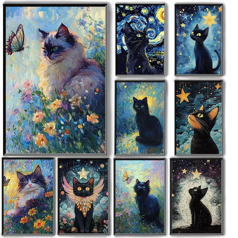 Peinture par numéros, art amusant, Monet, chat noir, peinture murale DIY sans cadre, peinture à la main, coloriage pour le salon, décoration de la maison