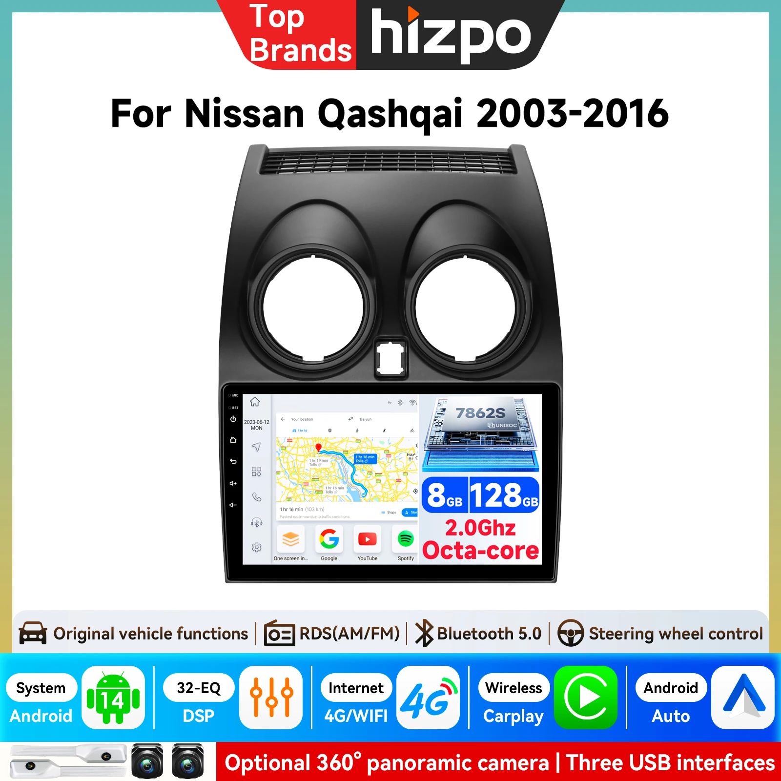 Hizpo 9'' 7862 Android Kabelloses CarPlay Autoradio für Nissan Qashqai J10 2006-2013 Intelligentes System DSP SWC RDS GPS FM BT