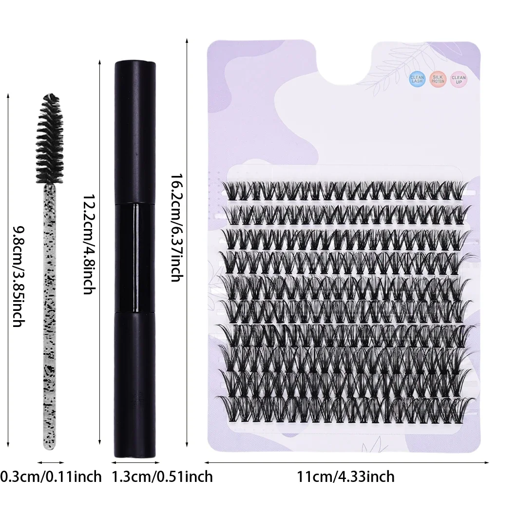 False Eyelash Extension Kit - 200pcs Clusters with Adhesive and Sealant Plus Brushes for DIY Lash Extensions