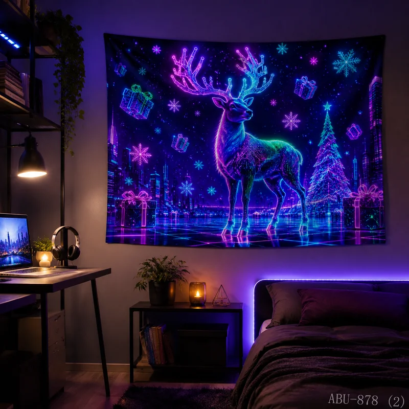 VIKAMA Cyber Neon Elk City Christmas Tapestry High Definition Background Cloth Holiday Atmosphere Room Decoration