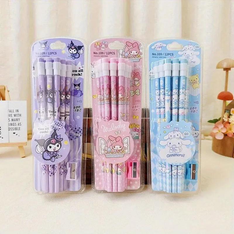 12pcs Sanrio Cinnamoroll Kuromi Cute Cartoon HB Pencils, 12 Pencils & 1 Pencil Roller Stationery Box Set, Writing & Drawing