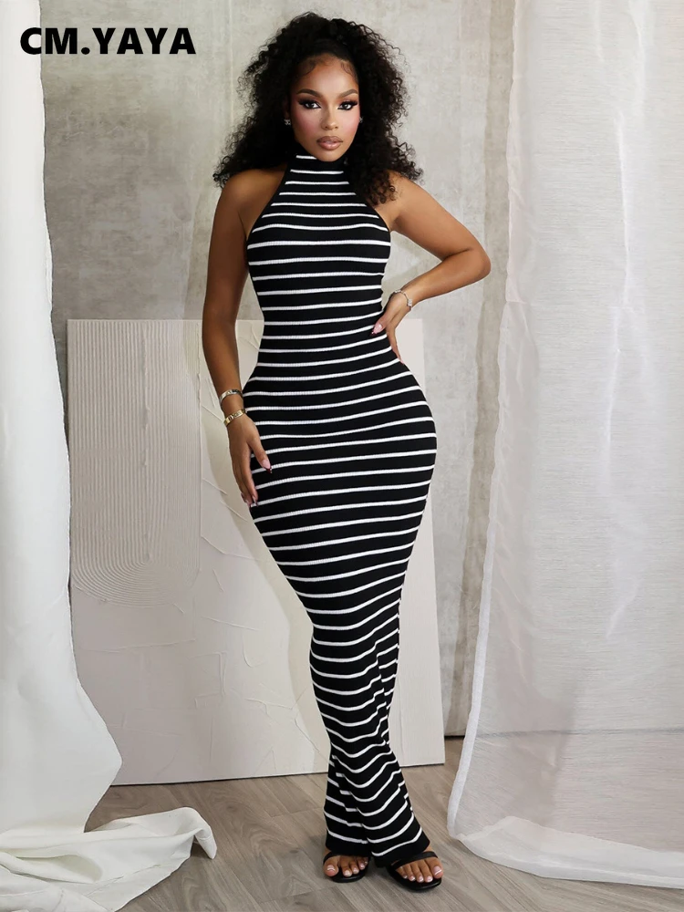 CM.YAYA Women Sleeveless O-neck Halter Backless Long Dress Summer Striped Print Evening Sexy Night Club Party Dresses Vestidos - AliExpress 200000345