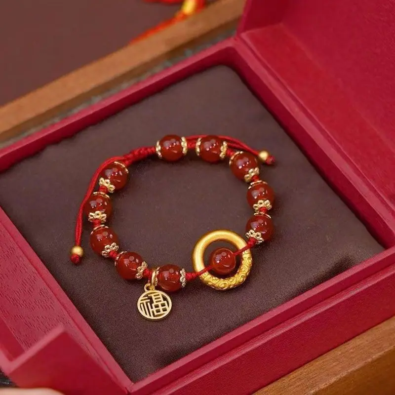 

Natural Red Agate Bracelet Acacia Red Bean Year of Birth Hand-woven Hand-rope Adjustable Fortune Couple's Love Letter Daily Wear