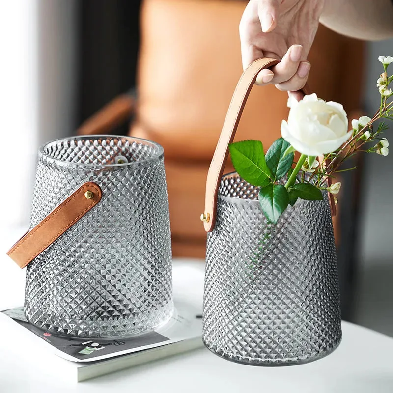 Luxury Leather Portable Glass Vase Nordic Living Room Bedroom Desktop Flower Arrangement Container Creative Home Decoration Gift