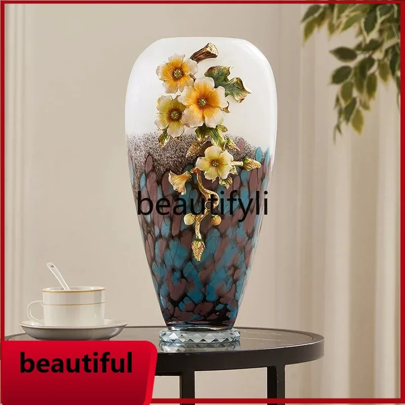 

Light luxury high-end enamel colored glass vase ornament, living room entrance flower arrangement Chinese home decoration