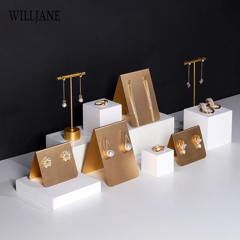 Metal Stud Dangle Earrings Display Rack T Bar Stand Jewelry Hanger Organizer Holder Eardrop Freestanding Shelf White Resin Block