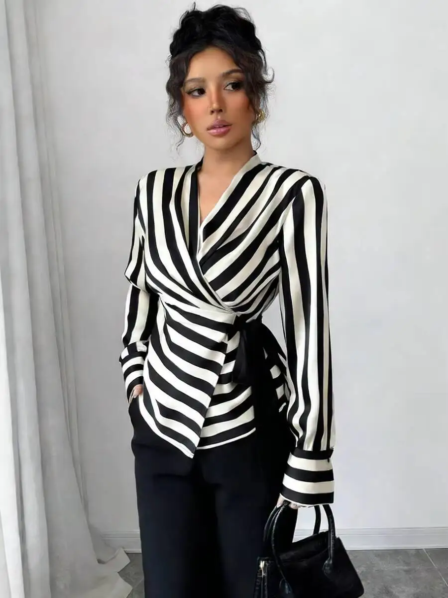 

Women's Striped Wrap Tie Waist Blouse Satin Fitted Top Elegant Blouse Spring Summer Chic Blouse Daily Lightweight Top